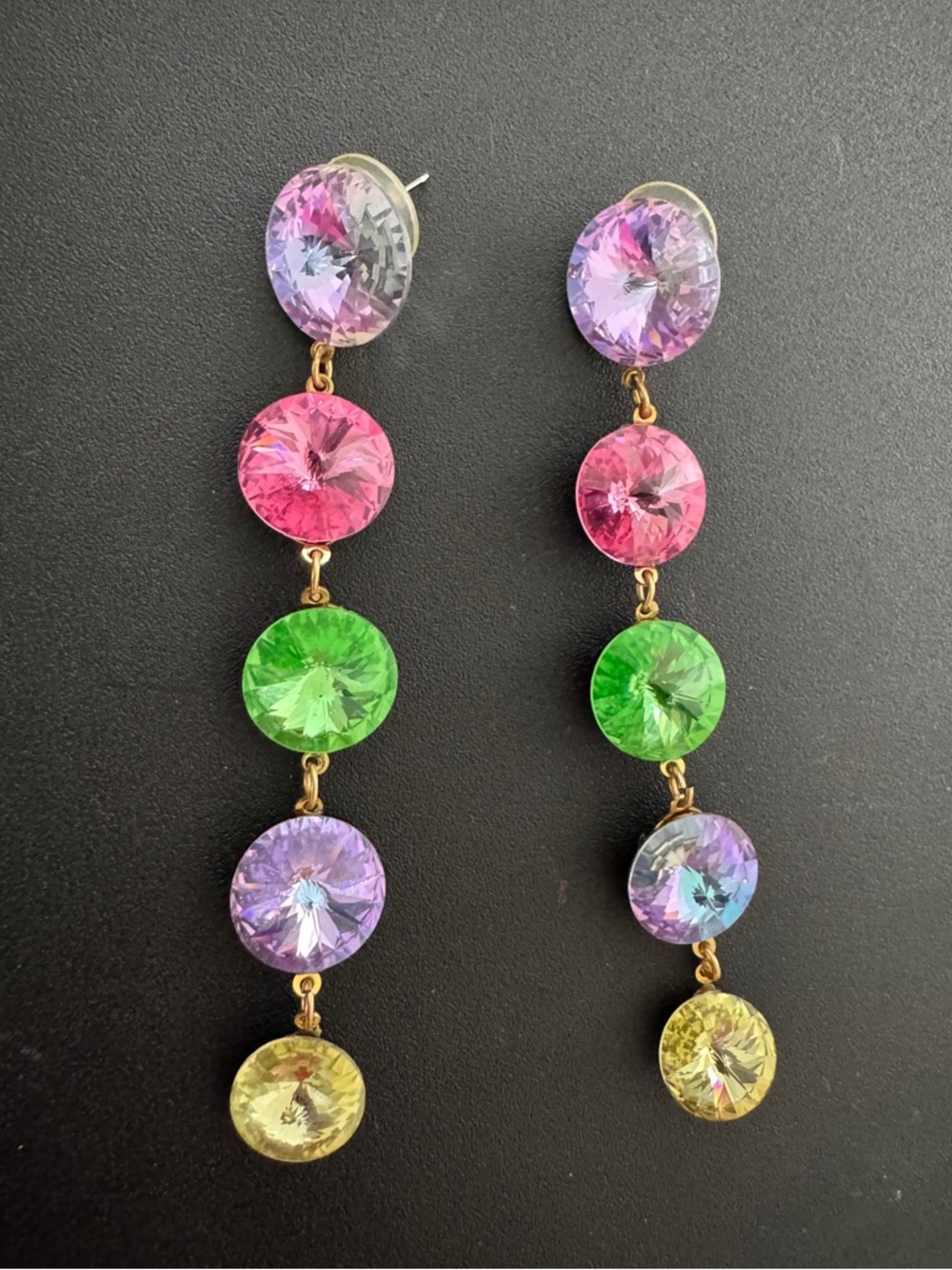 Vintage Wendy Gell Multicolor Swarovski Crystal Rhinestone Dangle Earrings